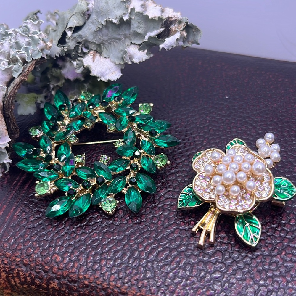 Green Rhinestone Spring Wreath Brooch and Green and Pearl Golden Flower Pin
